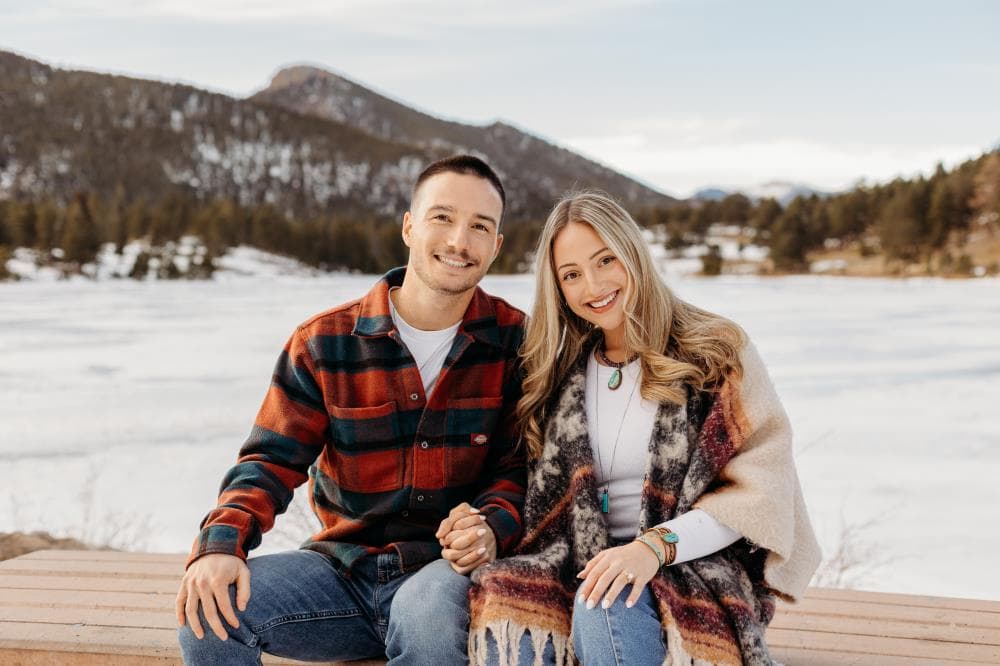 Couple embracing at sunset engagement photos Front Range Colorado