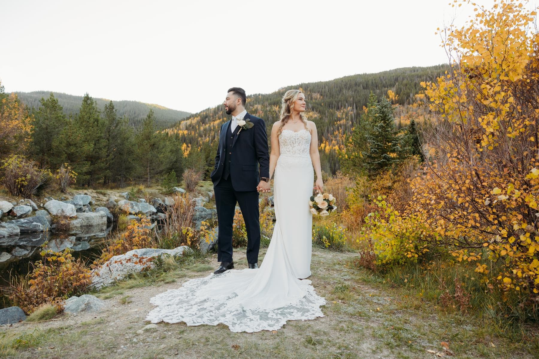 Wedding couple romantic portrait golden hour Front Range Colorado